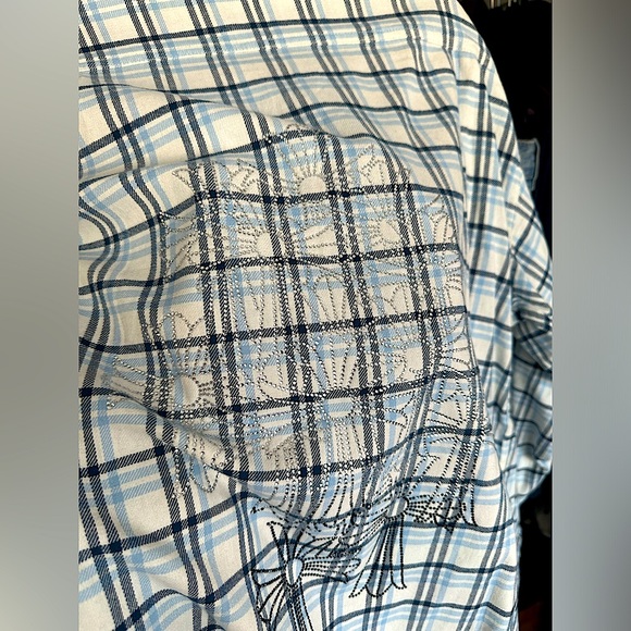 Chrome Hearts Flannel Plaid Shirt Unisex Size Medium Oversized Light Blue Navy - Picture 10 of 16
